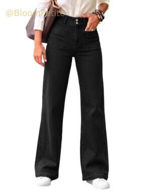 High Waisted Wide Leg Jeans Double Button Zip Fly Stretch Denim Pants